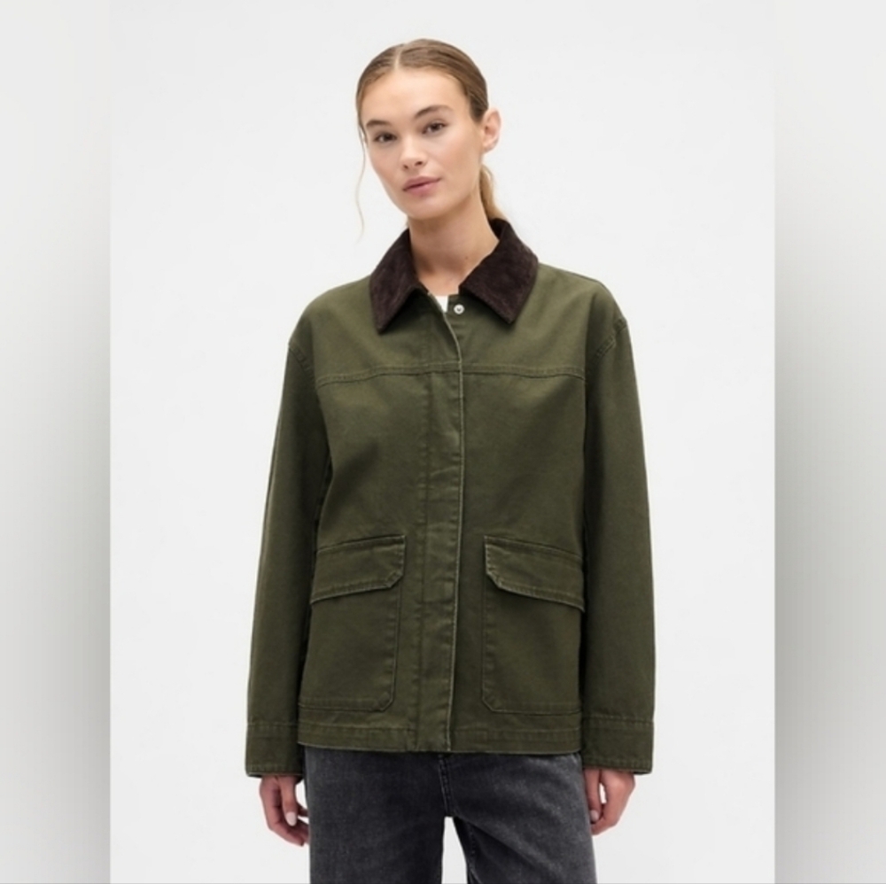 GAP Khaki Utility Jacket with Dark Brown Collar - Picture 1 of 6